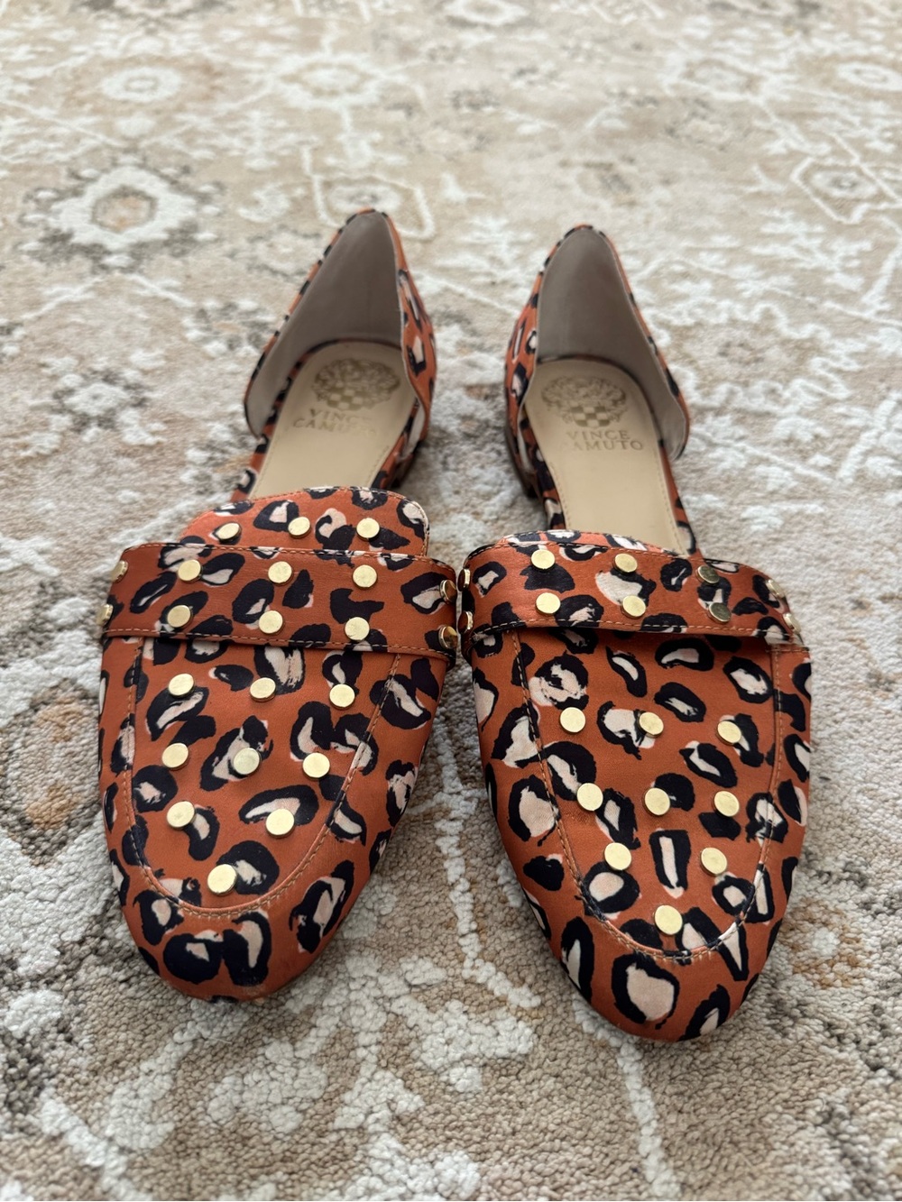 Vince Camuto Rust Leopard Print D'Orsay Loafers with Gold Studs